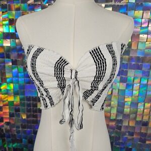 Kendall Kylie White Black Striped Smocked Tube Top Bow Tie Front Crop